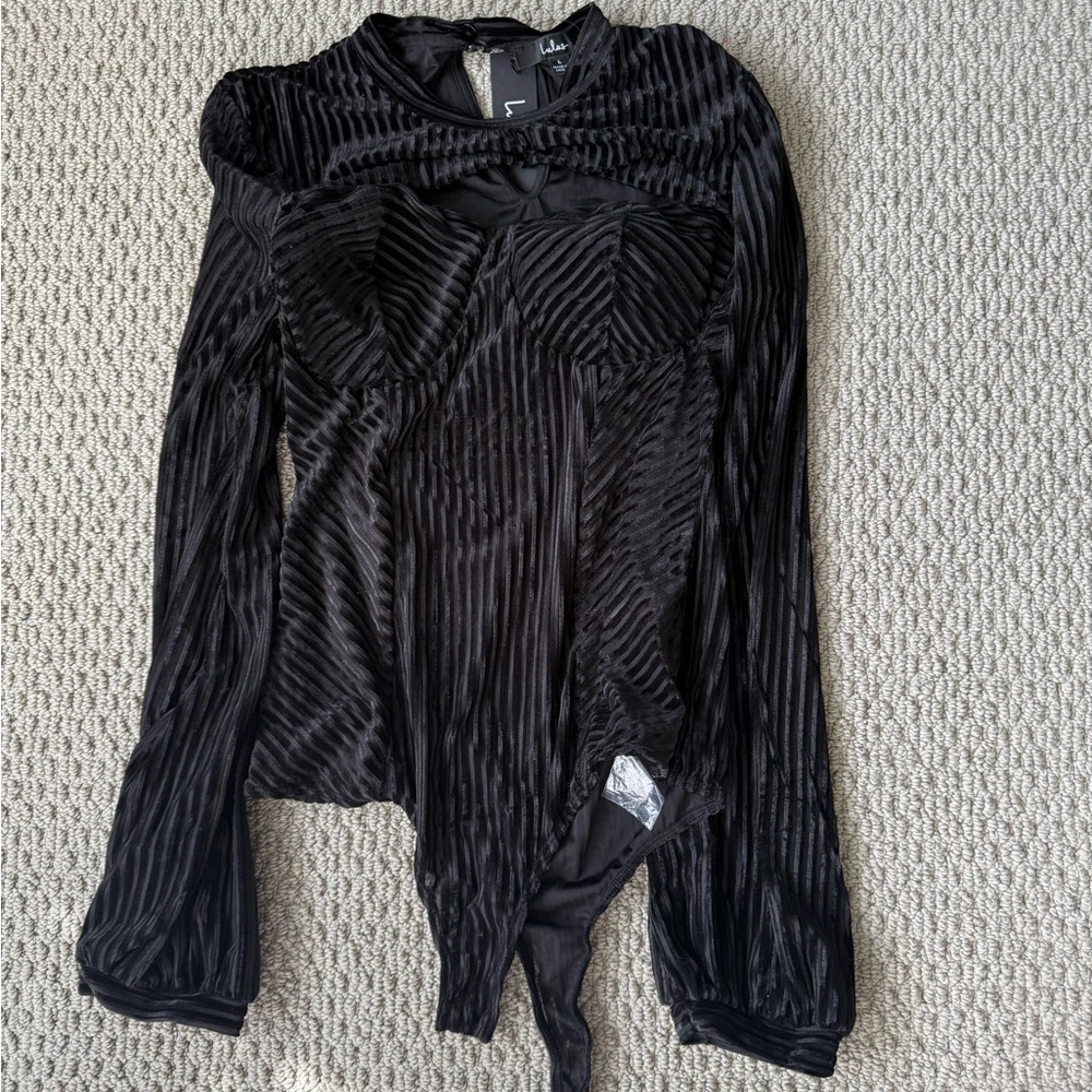 Always Alluring Black Striped Velvet Cutout Bustier Bodysuit
